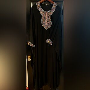 Black Abaya with multicoloured beaded trimming.